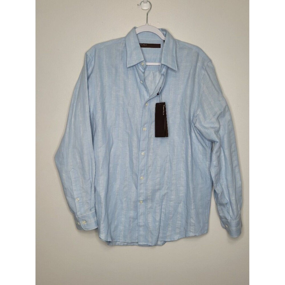 Perry Ellis blue white cotton linen blend button front old money preppy shirt